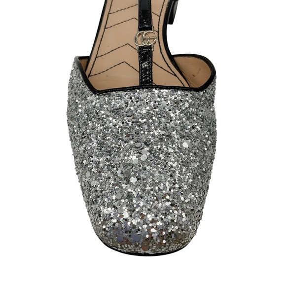 GUCCI SILVER GLITTER AND PATENT LEATHER DOUBLE G SLINGBACK BALLET FLATS - Picture 5 of 8